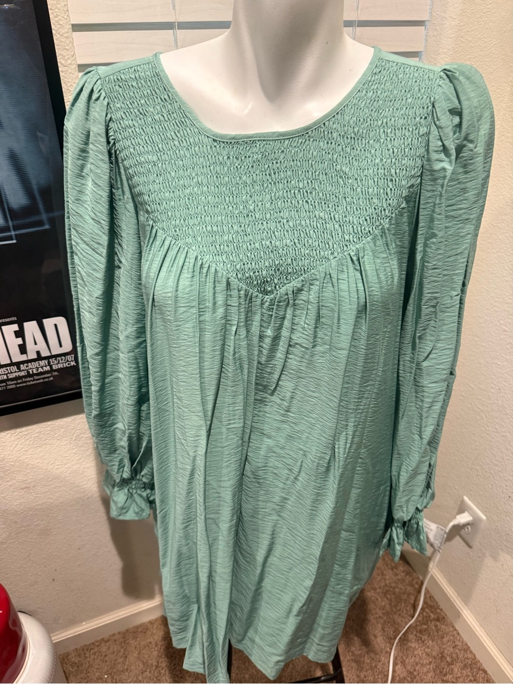 A new day Sage‎ Green Smocked Yoke Puff-Sleeve Midi Dress